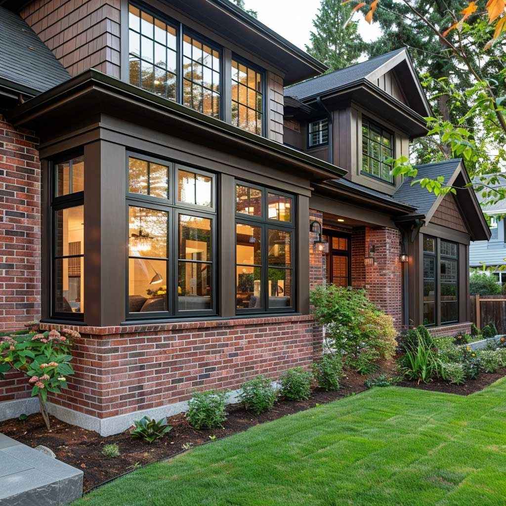 Dark framed bay windows on a red brick house